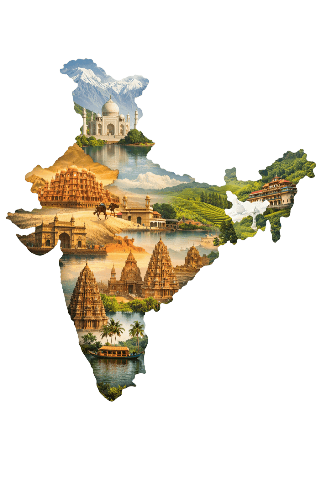 Map of India with iconic landmarks in vibrant color
